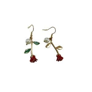 Single‎ Stem Red Rose With Pearl Dangling Earrings Boho Flower White Elegant
